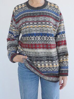 Vintage Liz Wear Grey Fair Isle Knit Sweater Nordic Festive Geometric Petite S